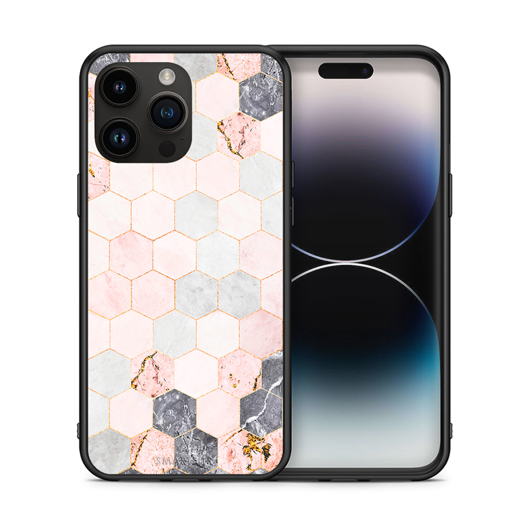 Θήκη iPhone 14 Pro Max Hexagon Pink Marble από τη Smartfits με σχέδιο στο πίσω μέρος και μαύρο περίβλημα | iPhone 14 Pro Max Hexagon Pink Marble case with colorful back and black bezels