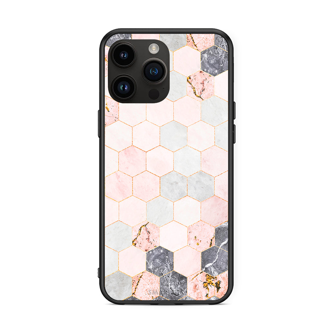 4 - iPhone 15 Pro Max Hexagon Pink Marble case, cover, bumper