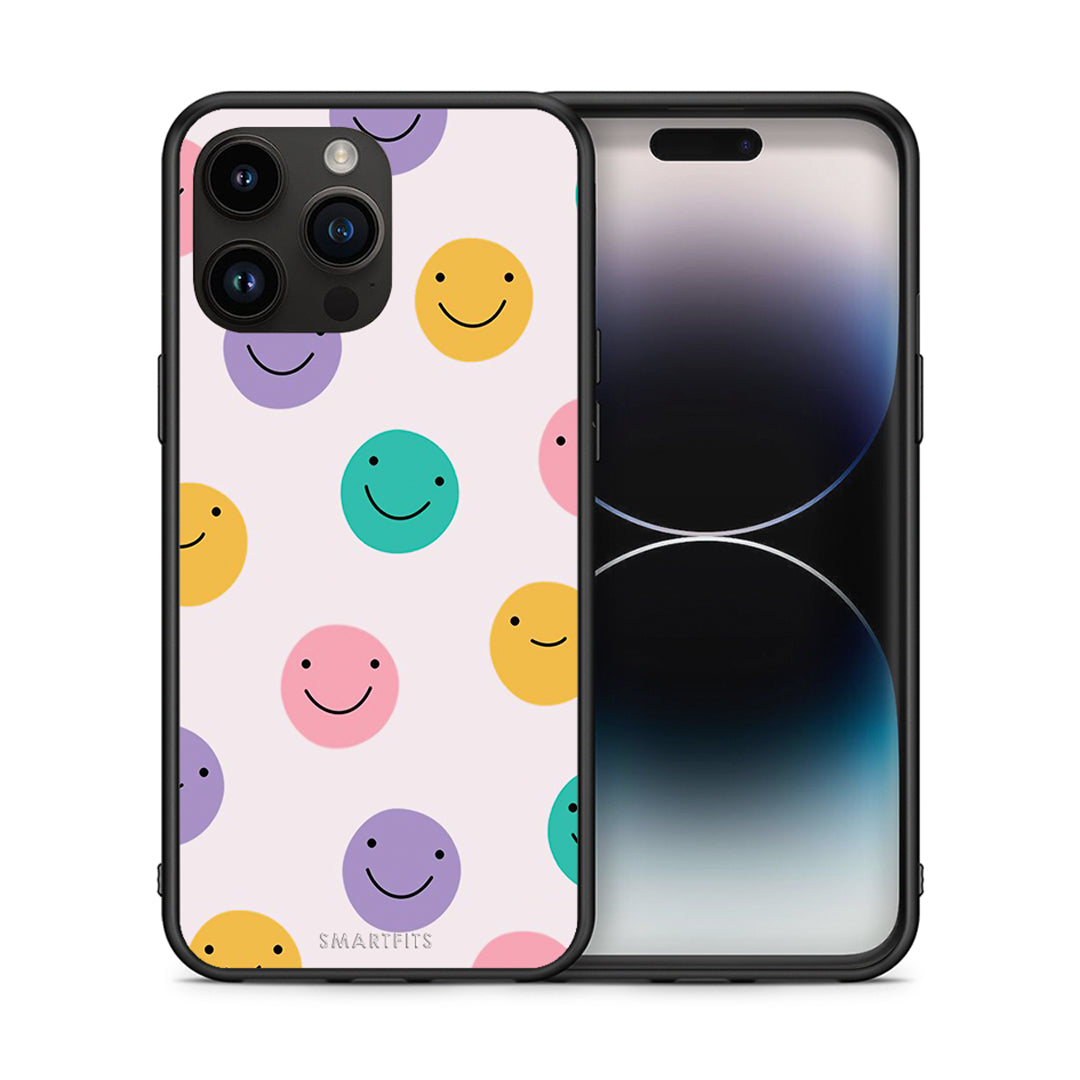 Θήκη iPhone 14 Pro Max Smiley Faces από τη Smartfits με σχέδιο στο πίσω μέρος και μαύρο περίβλημα | iPhone 14 Pro Max Smiley Faces case with colorful back and black bezels