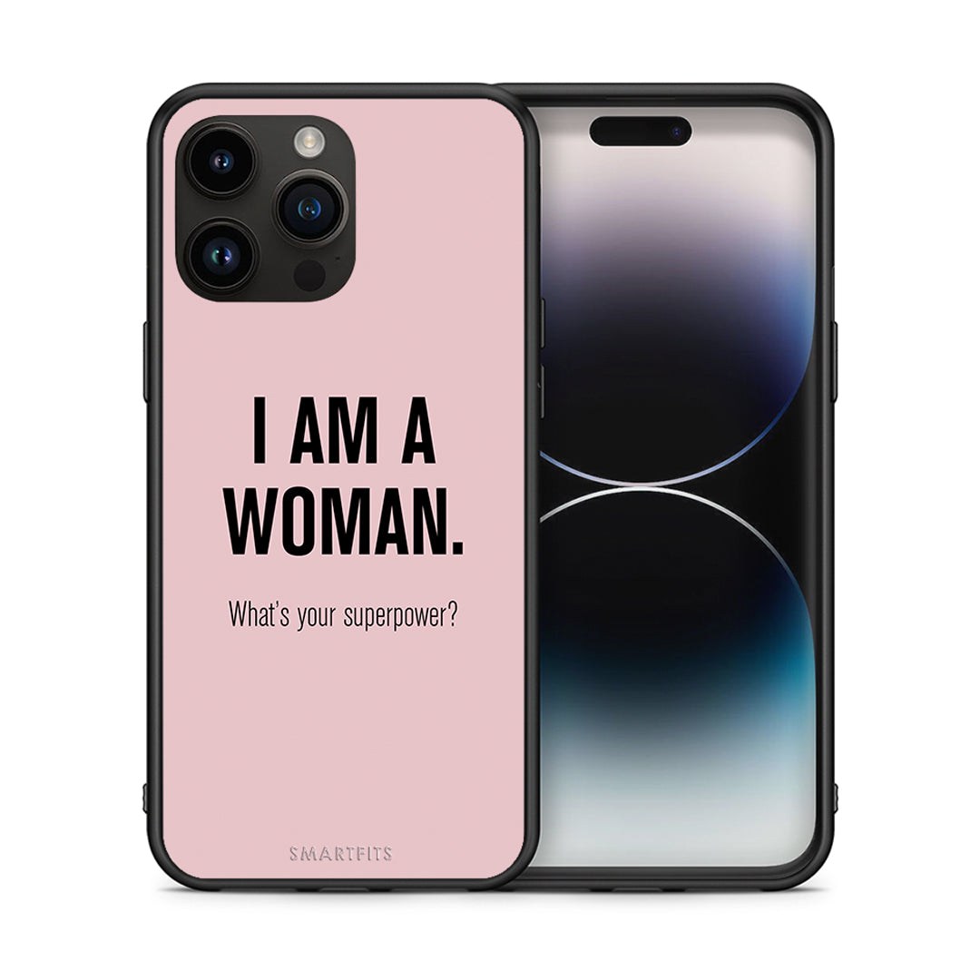 Θήκη iPhone 15 Pro Max Superpower Woman από τη Smartfits με σχέδιο στο πίσω μέρος και μαύρο περίβλημα | iPhone 15 Pro Max Superpower Woman case with colorful back and black bezels