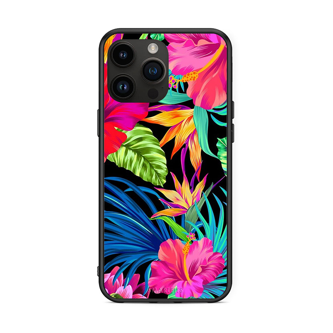 iPhone 15 Pro Max Tropical Flowers θήκη από τη Smartfits με σχέδιο στο πίσω μέρος και μαύρο περίβλημα | Smartphone case with colorful back and black bezels by Smartfits