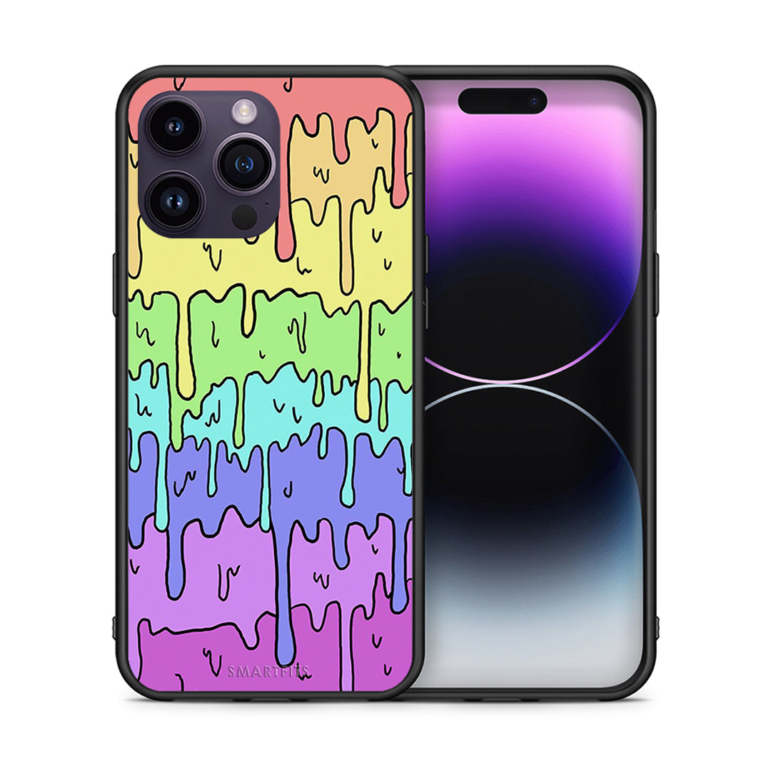 Θήκη iPhone 14 Pro Melting Rainbow από τη Smartfits με σχέδιο στο πίσω μέρος και μαύρο περίβλημα | iPhone 14 Pro Melting Rainbow case with colorful back and black bezels