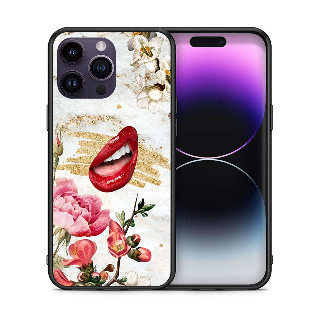 Θήκη iPhone 14 Pro Red Lips από τη Smartfits με σχέδιο στο πίσω μέρος και μαύρο περίβλημα | iPhone 14 Pro Red Lips case with colorful back and black bezels