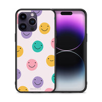 Thumbnail for Θήκη iPhone 15 Pro Smiley Faces από τη Smartfits με σχέδιο στο πίσω μέρος και μαύρο περίβλημα | iPhone 15 Pro Smiley Faces case with colorful back and black bezels