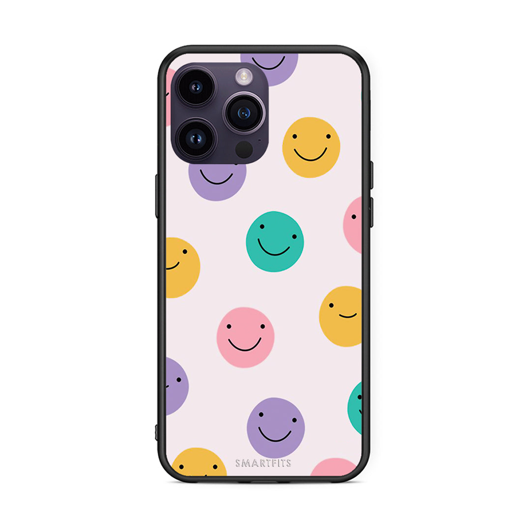 iPhone 14 Pro Smiley Faces θήκη από τη Smartfits με σχέδιο στο πίσω μέρος και μαύρο περίβλημα | Smartphone case with colorful back and black bezels by Smartfits