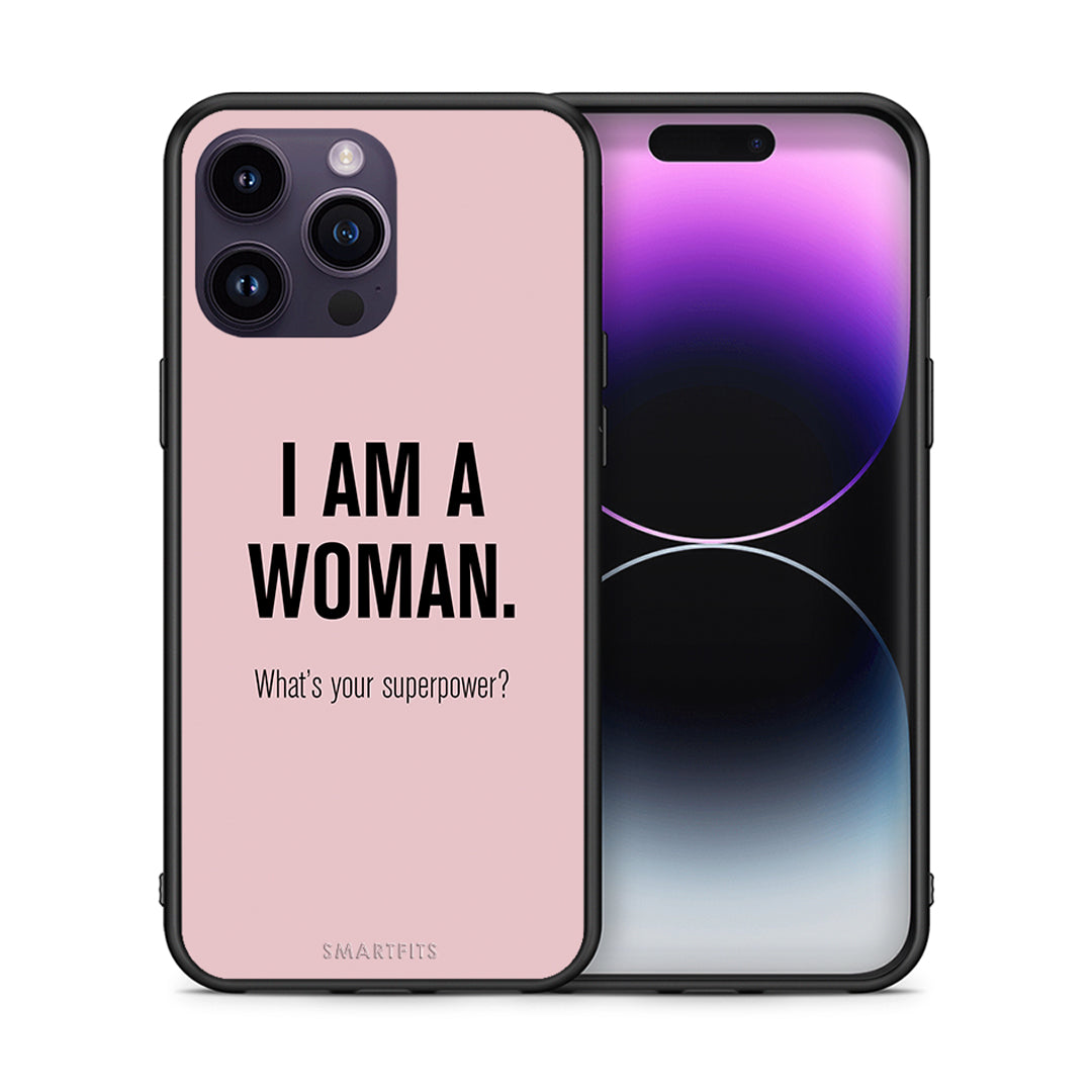 Θήκη iPhone 14 Pro Superpower Woman από τη Smartfits με σχέδιο στο πίσω μέρος και μαύρο περίβλημα | iPhone 14 Pro Superpower Woman case with colorful back and black bezels