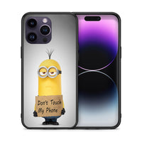 Thumbnail for Θήκη iPhone 15 Pro Minion Text από τη Smartfits με σχέδιο στο πίσω μέρος και μαύρο περίβλημα | iPhone 15 Pro Minion Text case with colorful back and black bezels