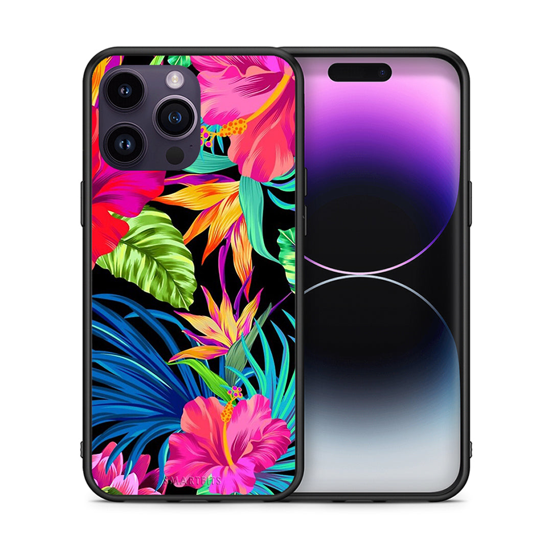 Θήκη iPhone 14 Pro Tropical Flowers από τη Smartfits με σχέδιο στο πίσω μέρος και μαύρο περίβλημα | iPhone 14 Pro Tropical Flowers case with colorful back and black bezels