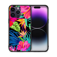 Thumbnail for Θήκη iPhone 14 Pro Tropical Flowers από τη Smartfits με σχέδιο στο πίσω μέρος και μαύρο περίβλημα | iPhone 14 Pro Tropical Flowers case with colorful back and black bezels