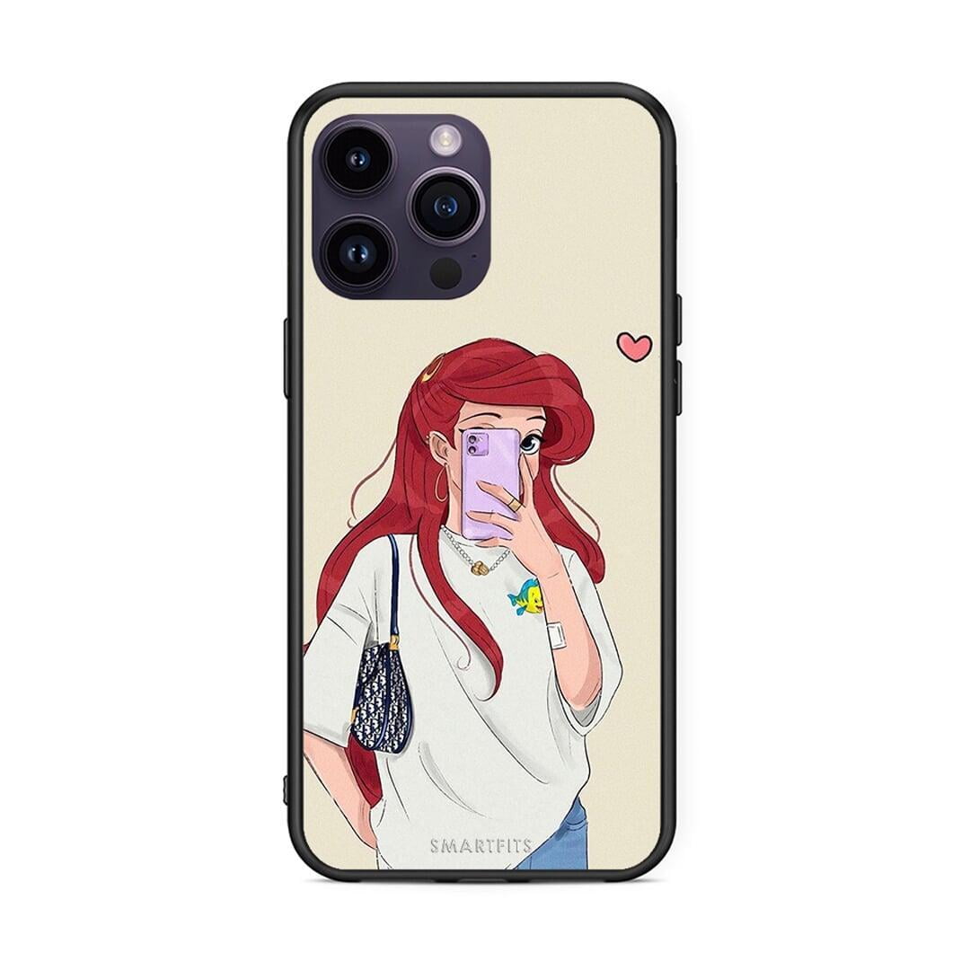 iPhone 14 Pro Walking Mermaid Θήκη από τη Smartfits με σχέδιο στο πίσω μέρος και μαύρο περίβλημα | Smartphone case with colorful back and black bezels by Smartfits