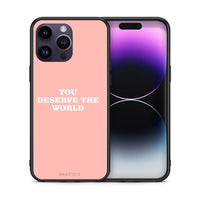 Thumbnail for Θήκη Αγίου Βαλεντίνου iPhone 14 Pro You Deserve The World από τη Smartfits με σχέδιο στο πίσω μέρος και μαύρο περίβλημα | iPhone 14 Pro You Deserve The World case with colorful back and black bezels