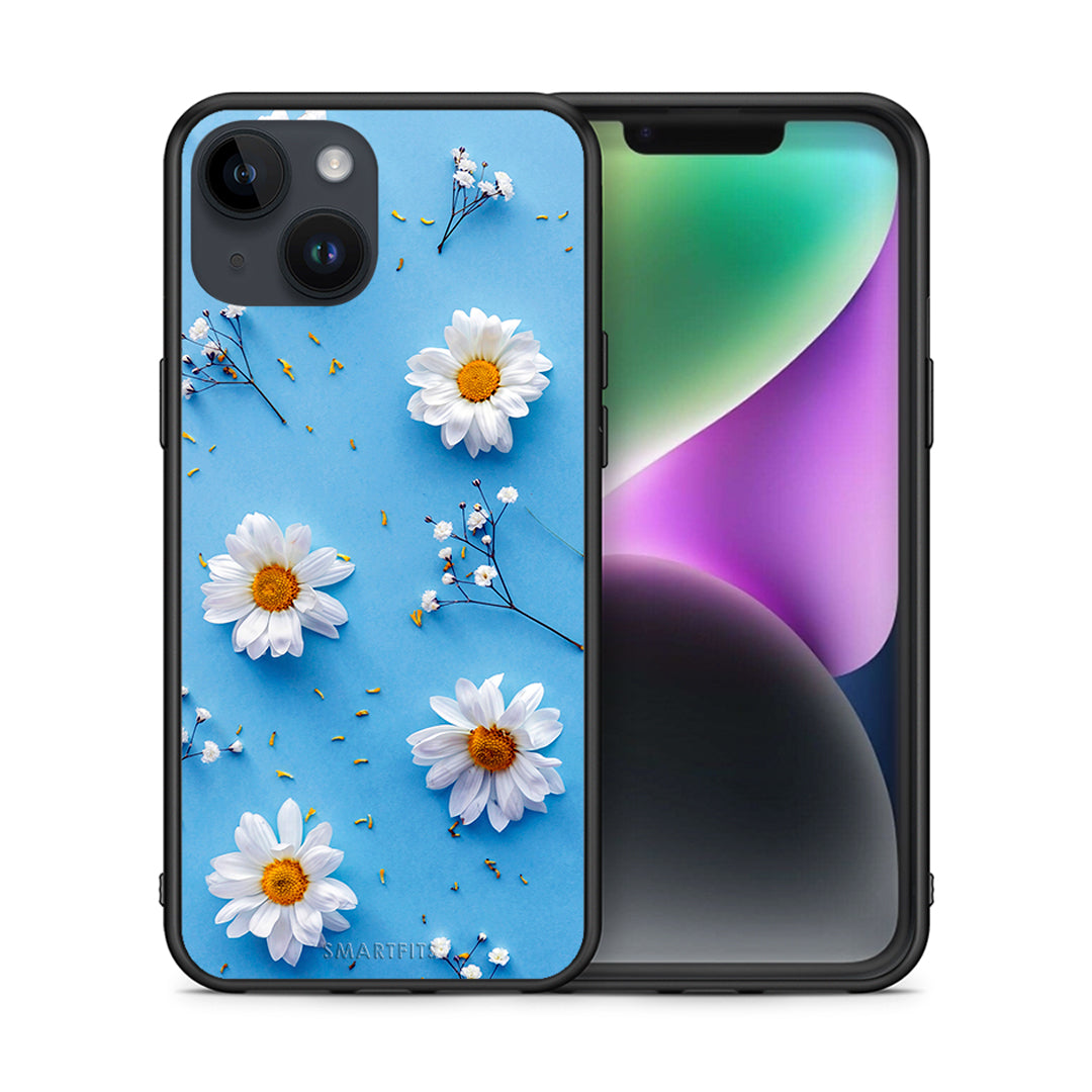 Θήκη iPhone 14 Real Daisies από τη Smartfits με σχέδιο στο πίσω μέρος και μαύρο περίβλημα | iPhone 14 Real Daisies case with colorful back and black bezels