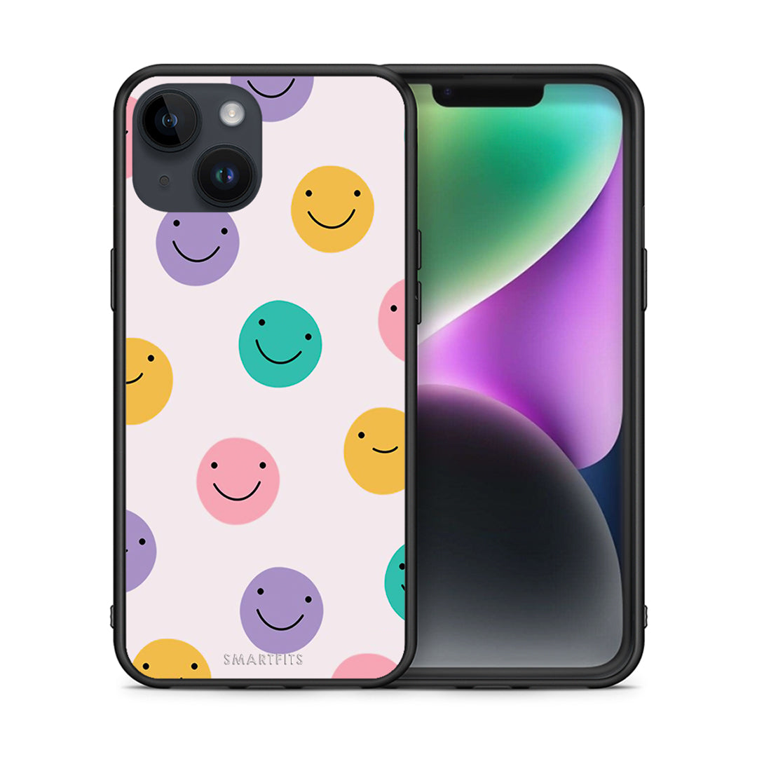 Θήκη iPhone 14 Smiley Faces από τη Smartfits με σχέδιο στο πίσω μέρος και μαύρο περίβλημα | iPhone 14 Smiley Faces case with colorful back and black bezels