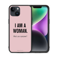 Thumbnail for Θήκη iPhone 15 Superpower Woman από τη Smartfits με σχέδιο στο πίσω μέρος και μαύρο περίβλημα | iPhone 15 Superpower Woman case with colorful back and black bezels