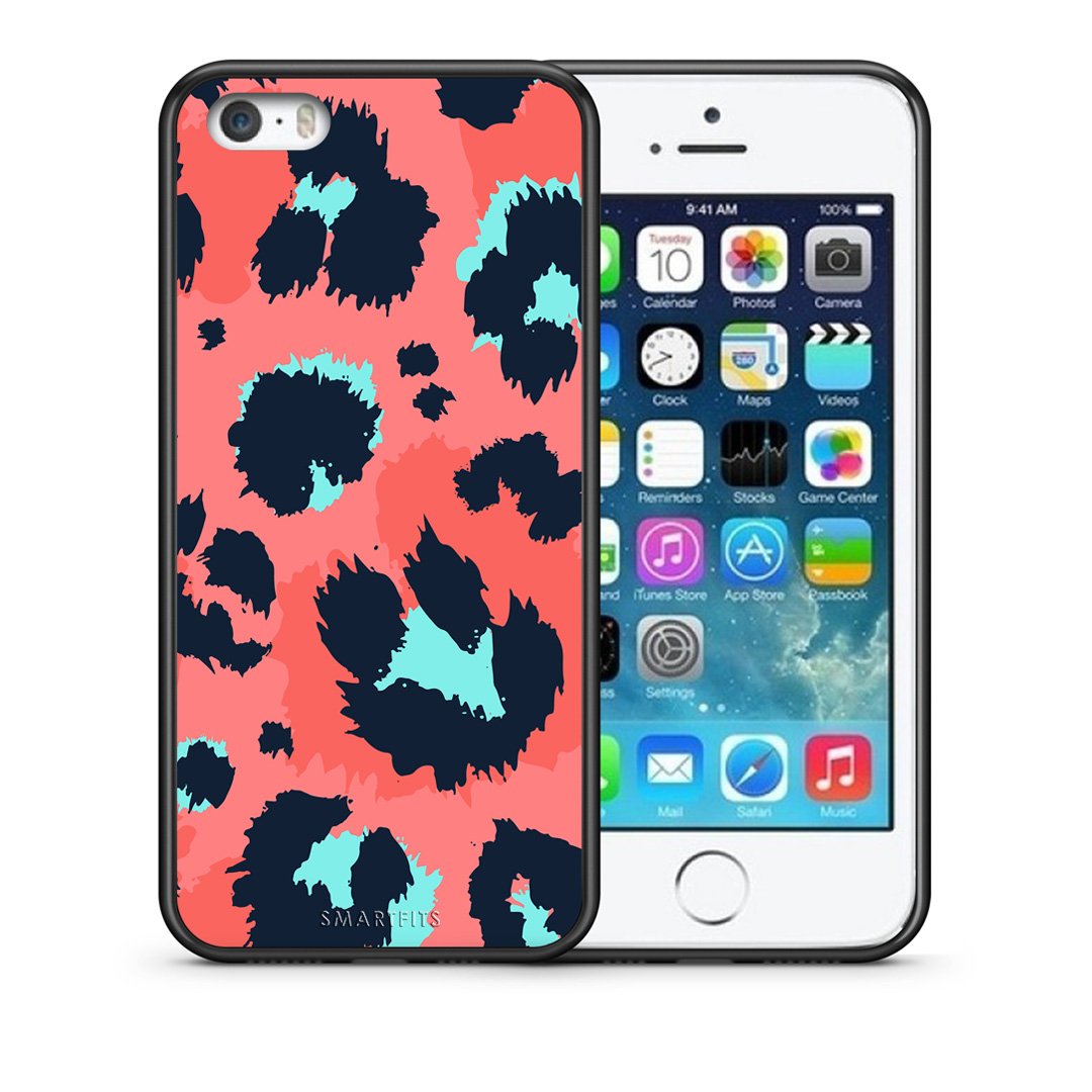 Θήκη iPhone 5/5s/SE Pink Leopard Animal από τη Smartfits με σχέδιο στο πίσω μέρος και μαύρο περίβλημα | iPhone 5/5s/SE Pink Leopard Animal case with colorful back and black bezels