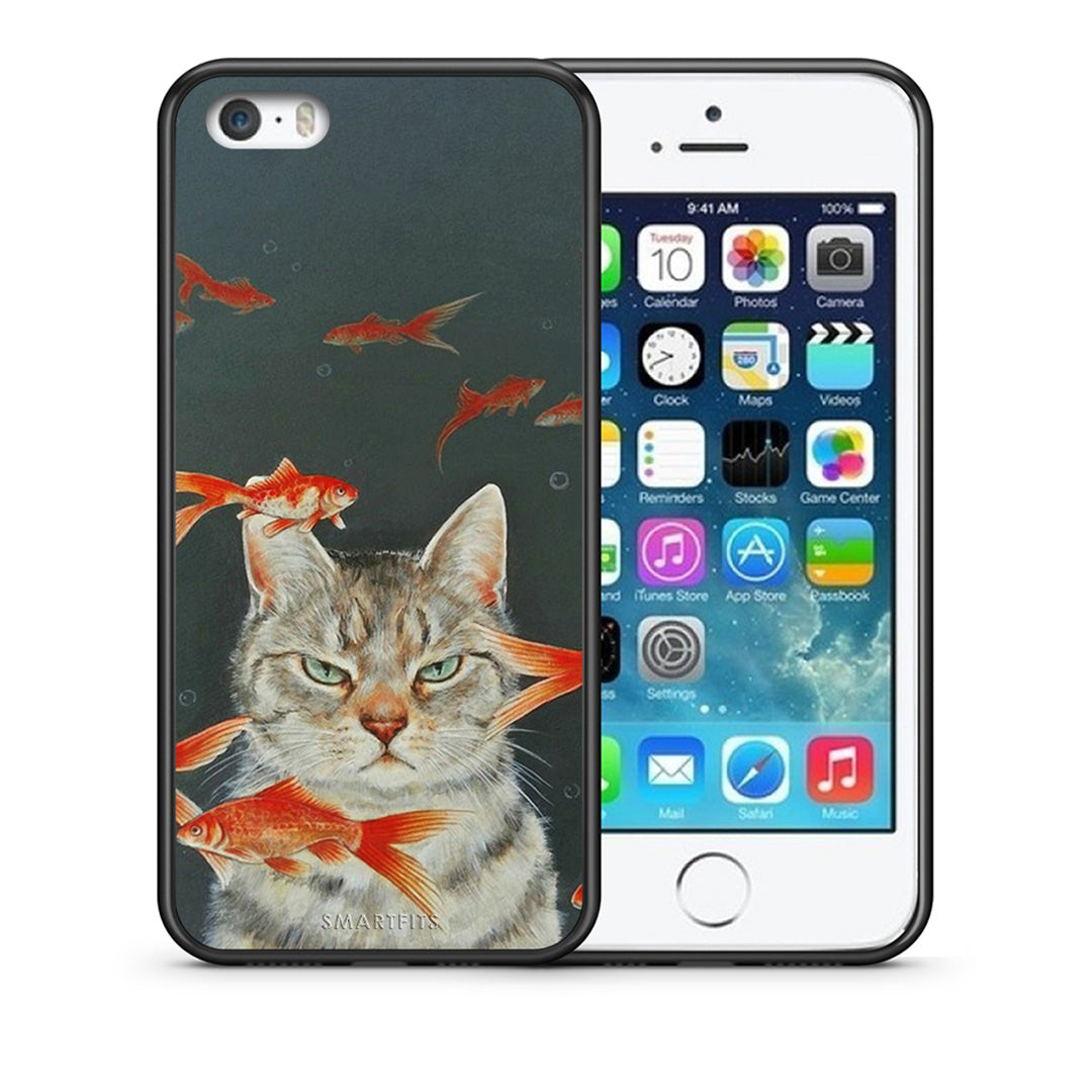Θήκη iPhone 5/5s/SE Cat Goldfish από τη Smartfits με σχέδιο στο πίσω μέρος και μαύρο περίβλημα | iPhone 5/5s/SE Cat Goldfish case with colorful back and black bezels