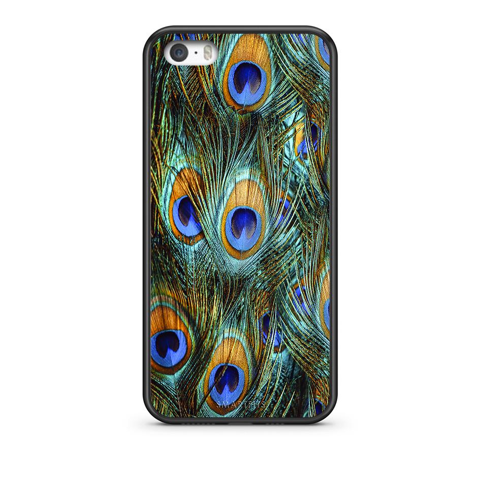 iPhone 5/5s/SE Real Peacock Feathers θήκη από τη Smartfits με σχέδιο στο πίσω μέρος και μαύρο περίβλημα | Smartphone case with colorful back and black bezels by Smartfits