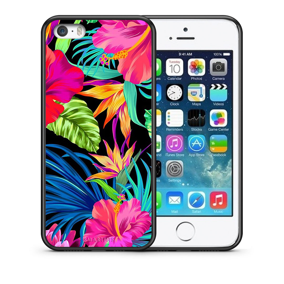 Θήκη iPhone 5/5s/SE Tropical Flowers από τη Smartfits με σχέδιο στο πίσω μέρος και μαύρο περίβλημα | iPhone 5/5s/SE Tropical Flowers case with colorful back and black bezels