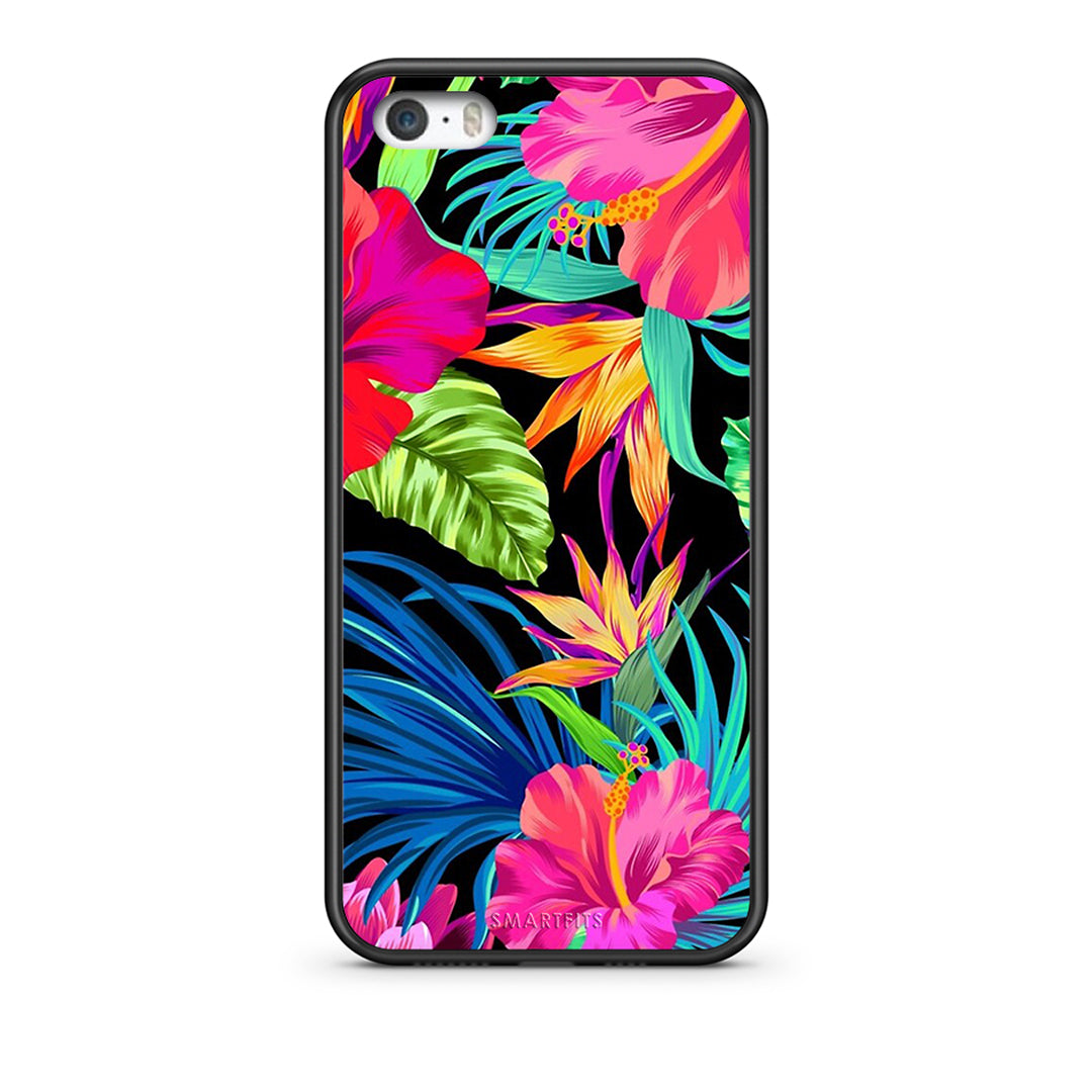 iPhone 5/5s/SE Tropical Flowers θήκη από τη Smartfits με σχέδιο στο πίσω μέρος και μαύρο περίβλημα | Smartphone case with colorful back and black bezels by Smartfits