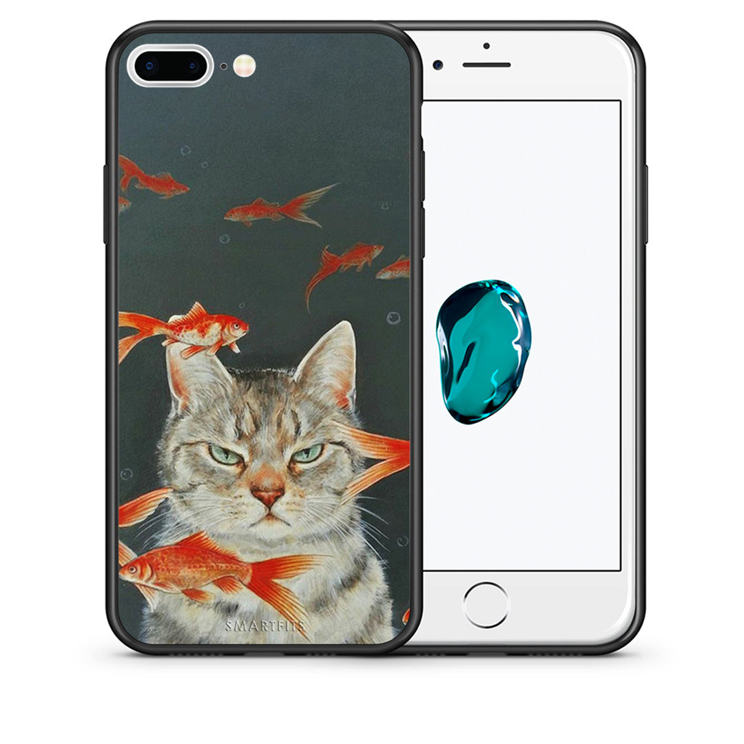 Θήκη iPhone 7 Plus/8 Plus Cat Goldfish από τη Smartfits με σχέδιο στο πίσω μέρος και μαύρο περίβλημα | iPhone 7 Plus/8 Plus Cat Goldfish case with colorful back and black bezels