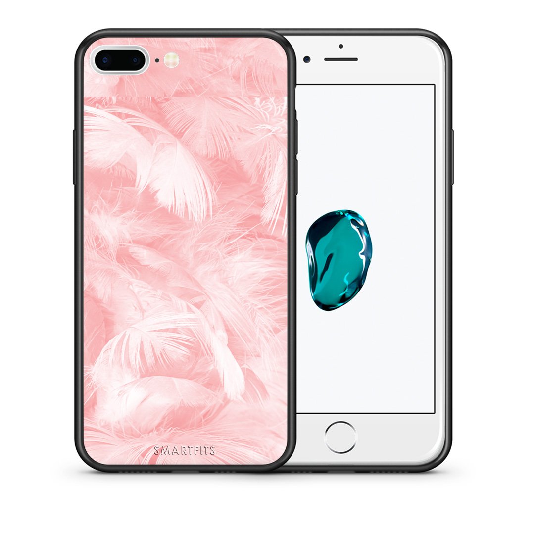 Θήκη iPhone 7 Plus/8 Plus Pink Feather Boho από τη Smartfits με σχέδιο στο πίσω μέρος και μαύρο περίβλημα | iPhone 7 Plus/8 Plus Pink Feather Boho case with colorful back and black bezels