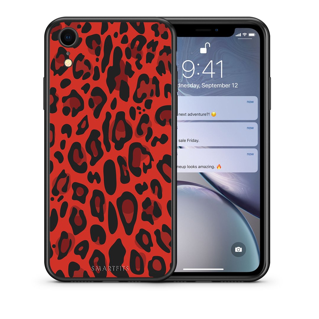 Θήκη iPhone XR Red Leopard Animal από τη Smartfits με σχέδιο στο πίσω μέρος και μαύρο περίβλημα | iPhone XR Red Leopard Animal case with colorful back and black bezels