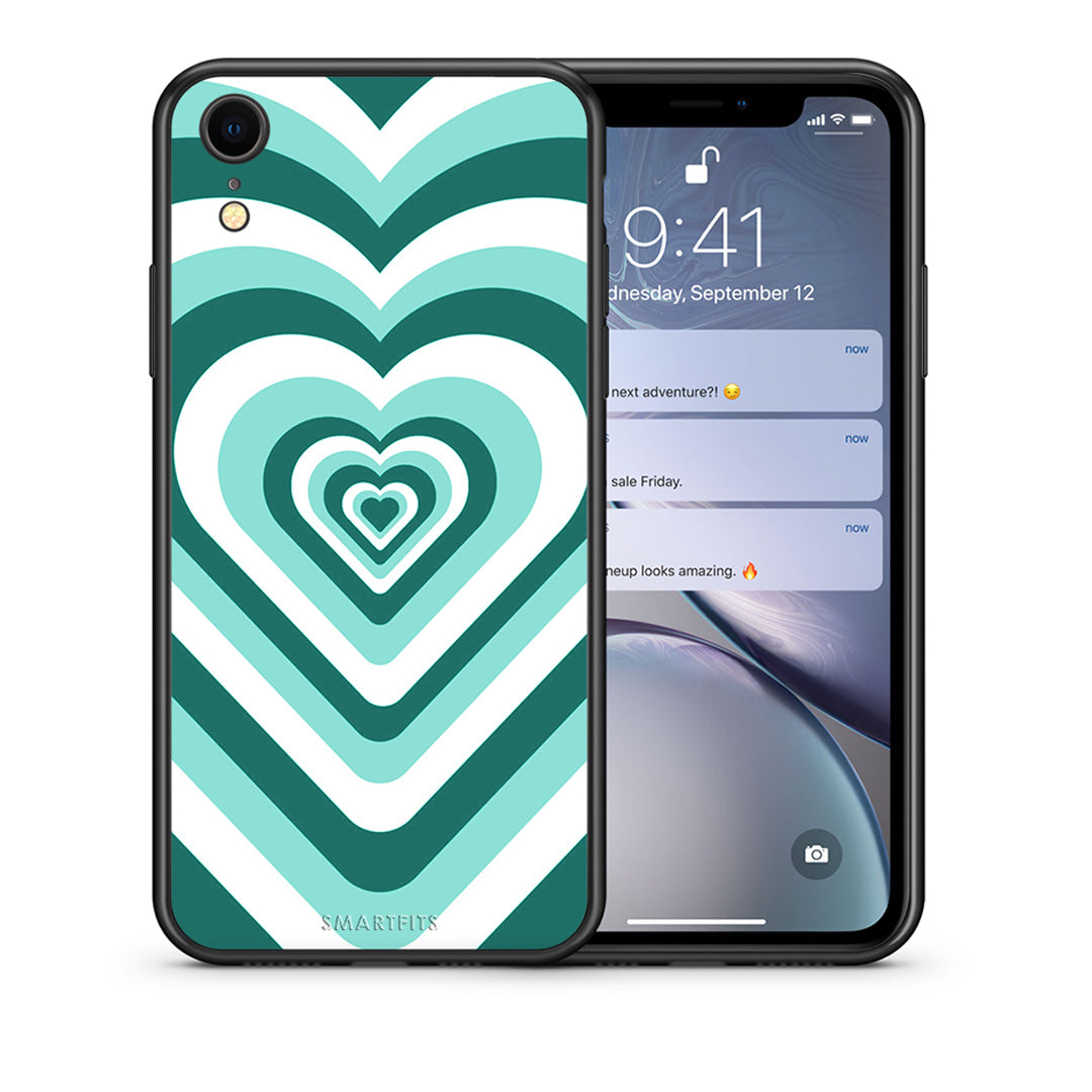 Θήκη iPhone XR Green Hearts από τη Smartfits με σχέδιο στο πίσω μέρος και μαύρο περίβλημα | iPhone XR Green Hearts case with colorful back and black bezels