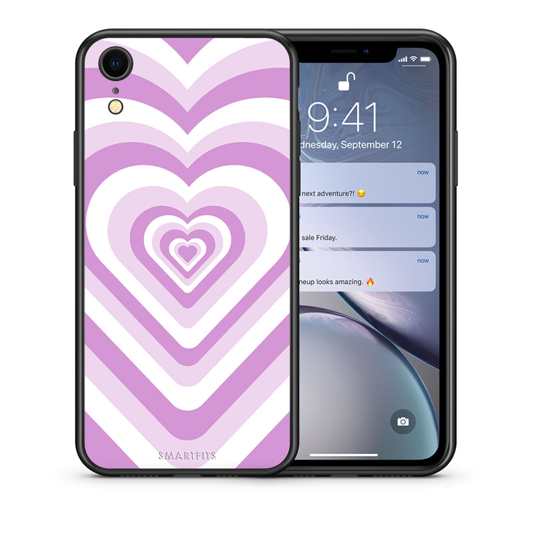 Θήκη iPhone XR Lilac Hearts από τη Smartfits με σχέδιο στο πίσω μέρος και μαύρο περίβλημα | iPhone XR Lilac Hearts case with colorful back and black bezels