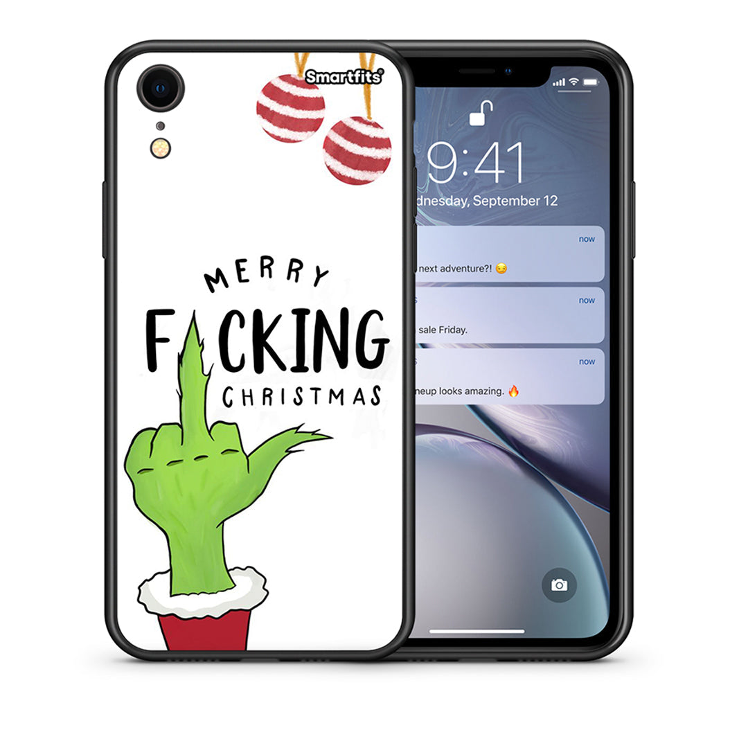 Θήκη iPhone XR Merry F Xmas από τη Smartfits με σχέδιο στο πίσω μέρος και μαύρο περίβλημα | iPhone XR Merry F Xmas case with colorful back and black bezels