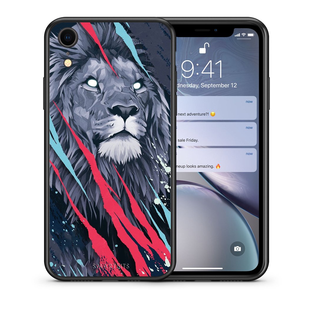 Θήκη iPhone XR Lion Designer PopArt από τη Smartfits με σχέδιο στο πίσω μέρος και μαύρο περίβλημα | iPhone XR Lion Designer PopArt case with colorful back and black bezels