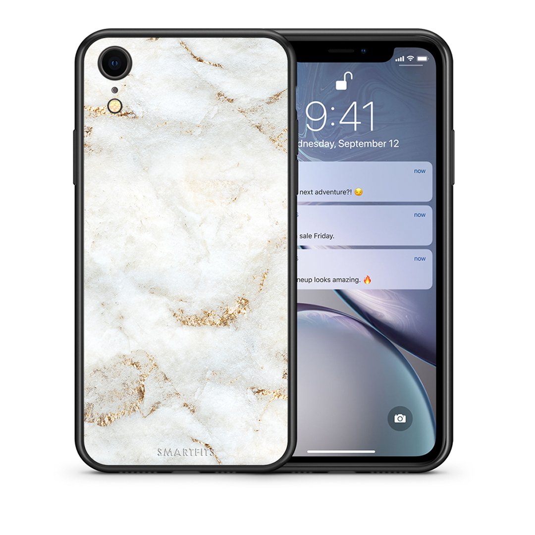 Θήκη iPhone XR White Gold Marble από τη Smartfits με σχέδιο στο πίσω μέρος και μαύρο περίβλημα | iPhone XR White Gold Marble case with colorful back and black bezels