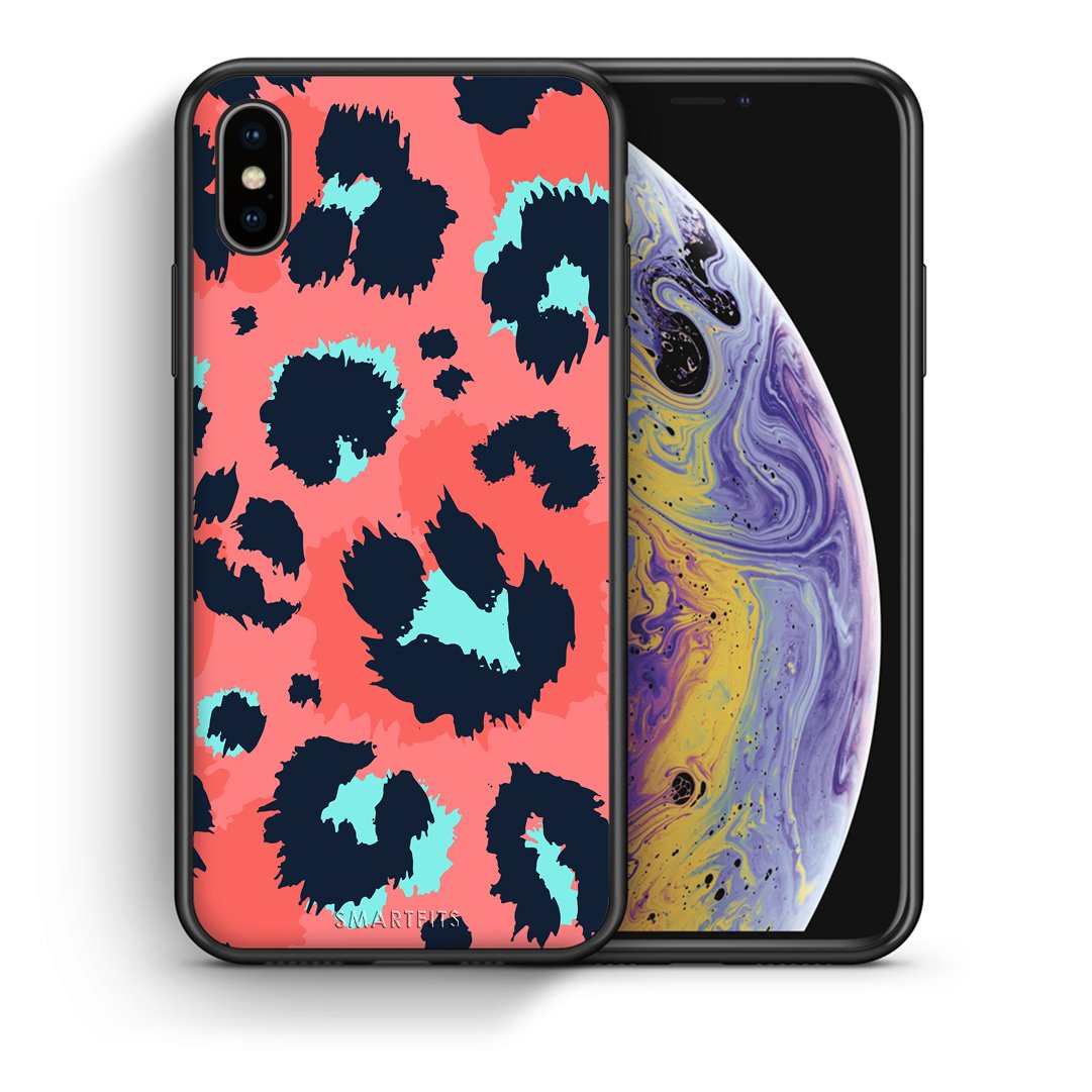 Θήκη iPhone Xs Max Pink Leopard Animal από τη Smartfits με σχέδιο στο πίσω μέρος και μαύρο περίβλημα | iPhone Xs Max Pink Leopard Animal case with colorful back and black bezels