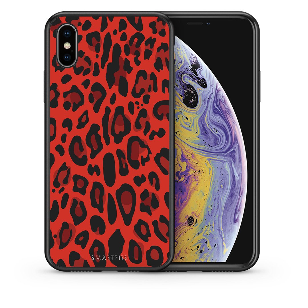 Θήκη iPhone X/Xs Red Leopard Animal από τη Smartfits με σχέδιο στο πίσω μέρος και μαύρο περίβλημα | iPhone X/Xs Red Leopard Animal case with colorful back and black bezels