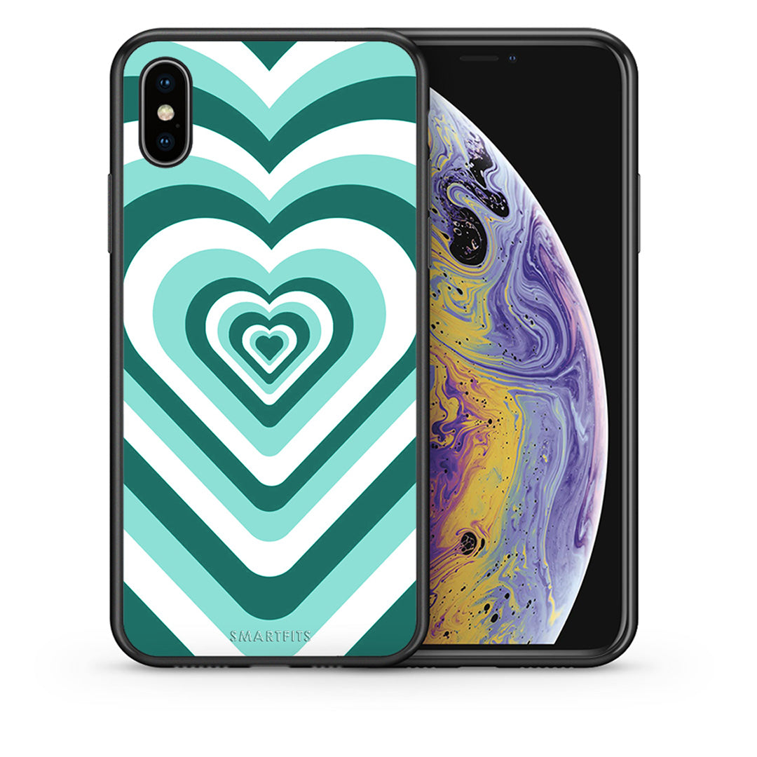 Θήκη iPhone X/Xs Green Hearts από τη Smartfits με σχέδιο στο πίσω μέρος και μαύρο περίβλημα | iPhone X/Xs Green Hearts case with colorful back and black bezels