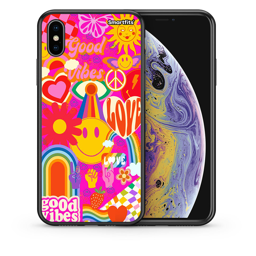 Θήκη iPhone X/Xs Hippie Love από τη Smartfits με σχέδιο στο πίσω μέρος και μαύρο περίβλημα | iPhone X/Xs Hippie Love case with colorful back and black bezels