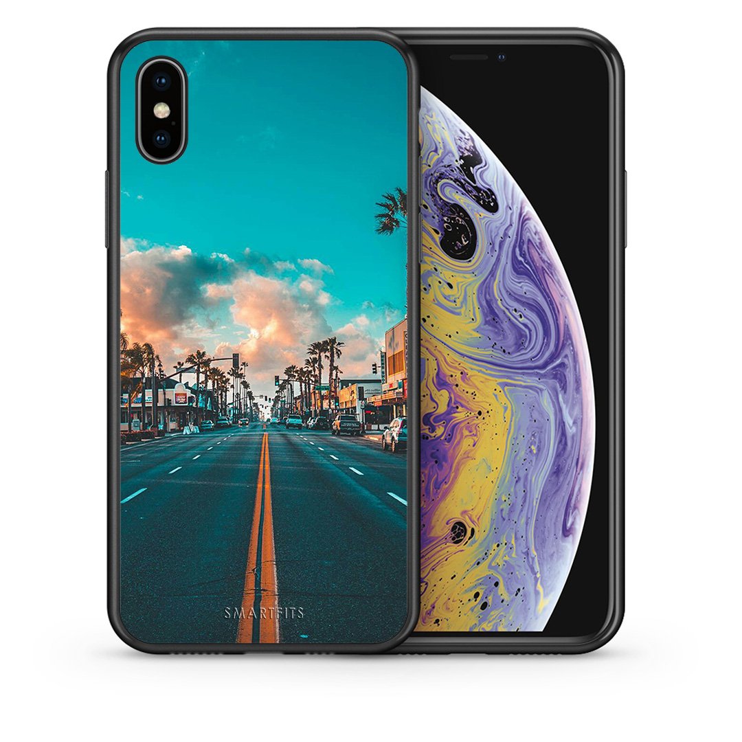 Θήκη iPhone X/Xs City Landscape από τη Smartfits με σχέδιο στο πίσω μέρος και μαύρο περίβλημα | iPhone X/Xs City Landscape case with colorful back and black bezels