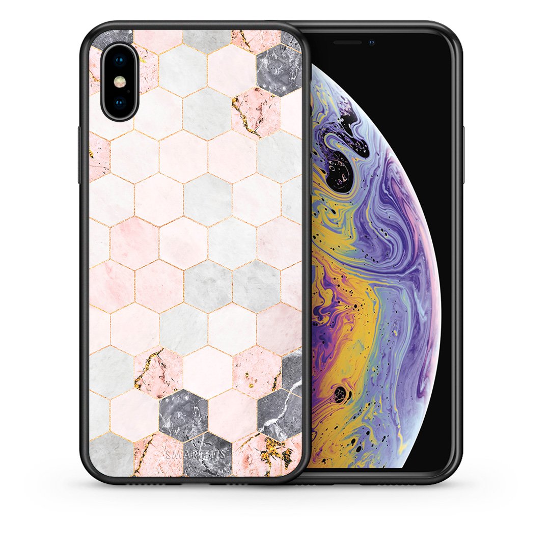 Θήκη iPhone X/Xs Hexagon Pink Marble από τη Smartfits με σχέδιο στο πίσω μέρος και μαύρο περίβλημα | iPhone X/Xs Hexagon Pink Marble case with colorful back and black bezels