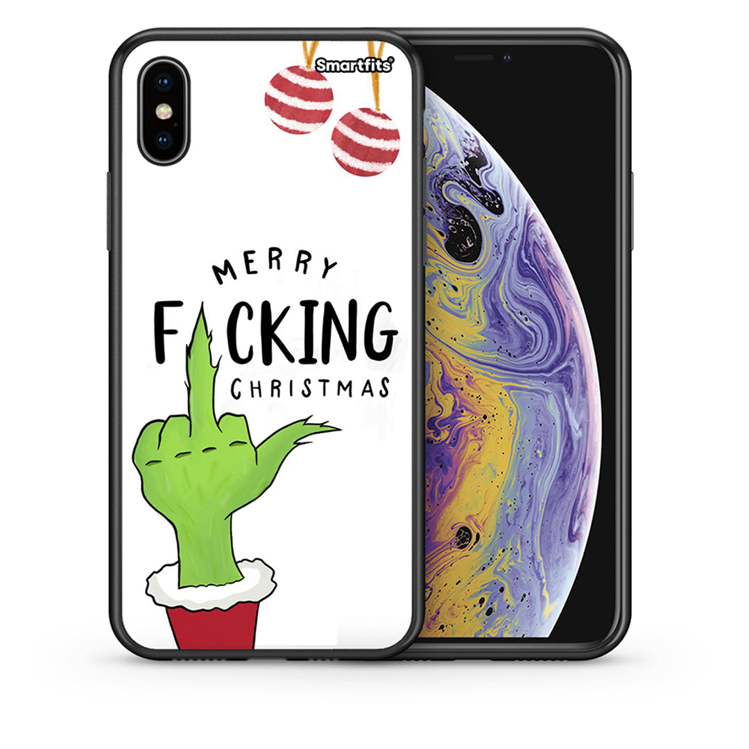 Θήκη iPhone X/Xs Merry F Xmas από τη Smartfits με σχέδιο στο πίσω μέρος και μαύρο περίβλημα | iPhone X/Xs Merry F Xmas case with colorful back and black bezels