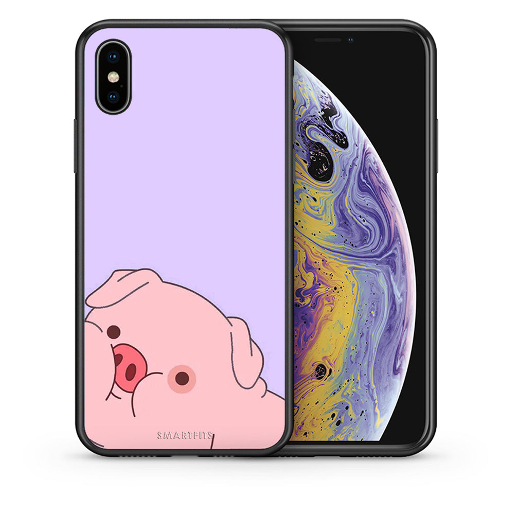 Θήκη Αγίου Βαλεντίνου iPhone Xs Max Pig Love 2 από τη Smartfits με σχέδιο στο πίσω μέρος και μαύρο περίβλημα | iPhone Xs Max Pig Love 2 case with colorful back and black bezels