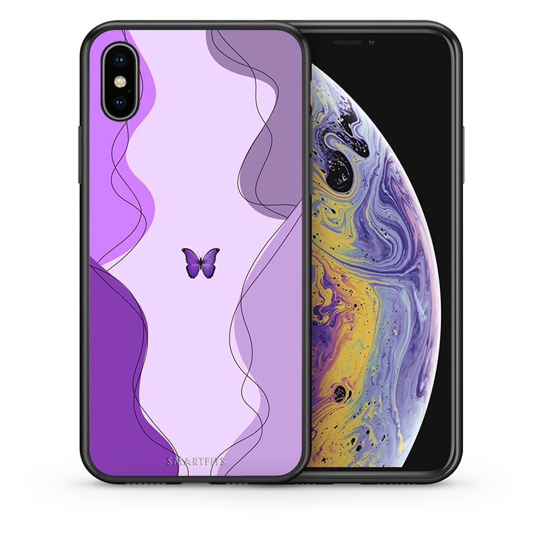 Θήκη Αγίου Βαλεντίνου iPhone Xs Max Purple Mariposa από τη Smartfits με σχέδιο στο πίσω μέρος και μαύρο περίβλημα | iPhone Xs Max Purple Mariposa case with colorful back and black bezels