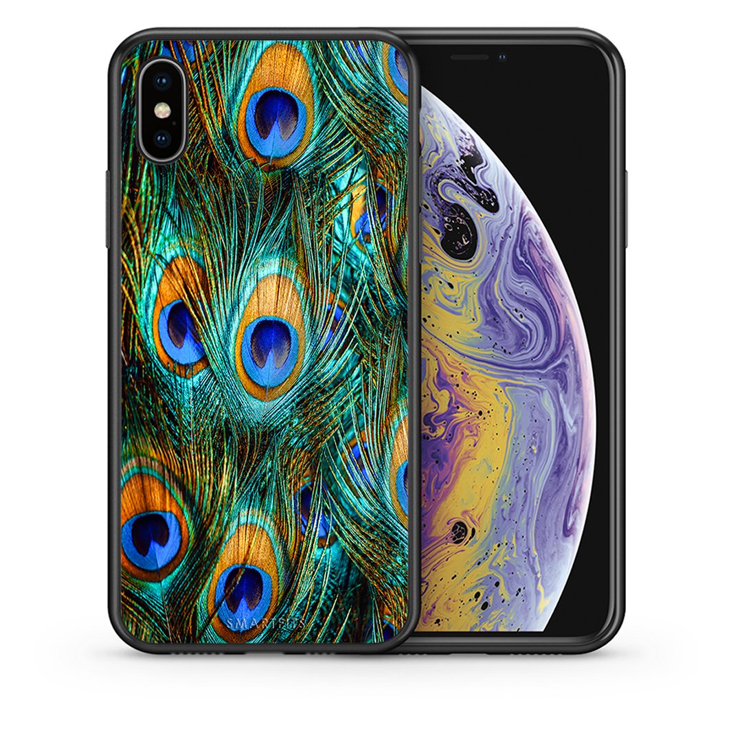 Θήκη iPhone X/Xs Real Peacock Feathers από τη Smartfits με σχέδιο στο πίσω μέρος και μαύρο περίβλημα | iPhone X/Xs Real Peacock Feathers case with colorful back and black bezels