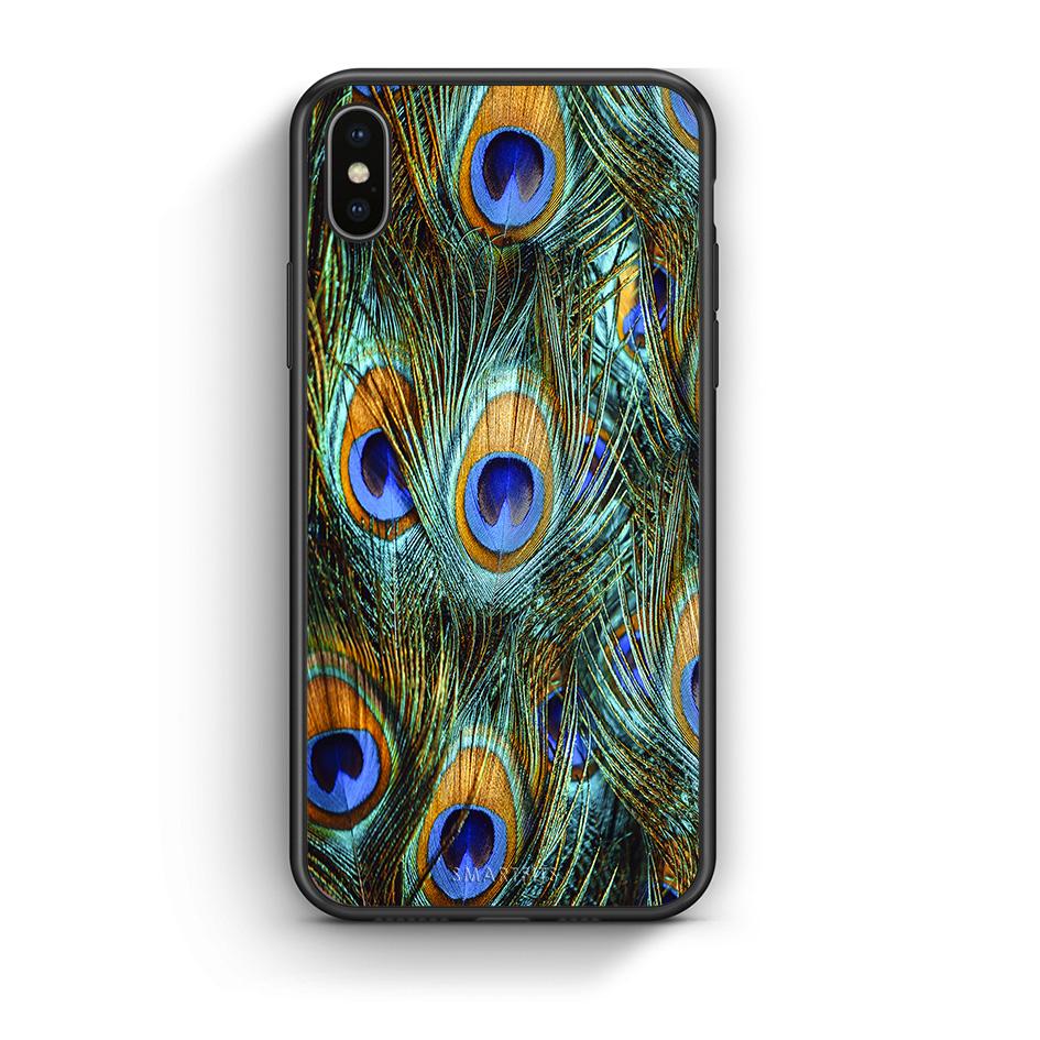 iPhone X/Xs Real Peacock Feathers θήκη από τη Smartfits με σχέδιο στο πίσω μέρος και μαύρο περίβλημα | Smartphone case with colorful back and black bezels by Smartfits