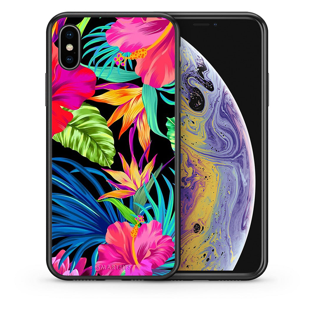 Θήκη iPhone X/Xs Tropical Flowers από τη Smartfits με σχέδιο στο πίσω μέρος και μαύρο περίβλημα | iPhone X/Xs Tropical Flowers case with colorful back and black bezels
